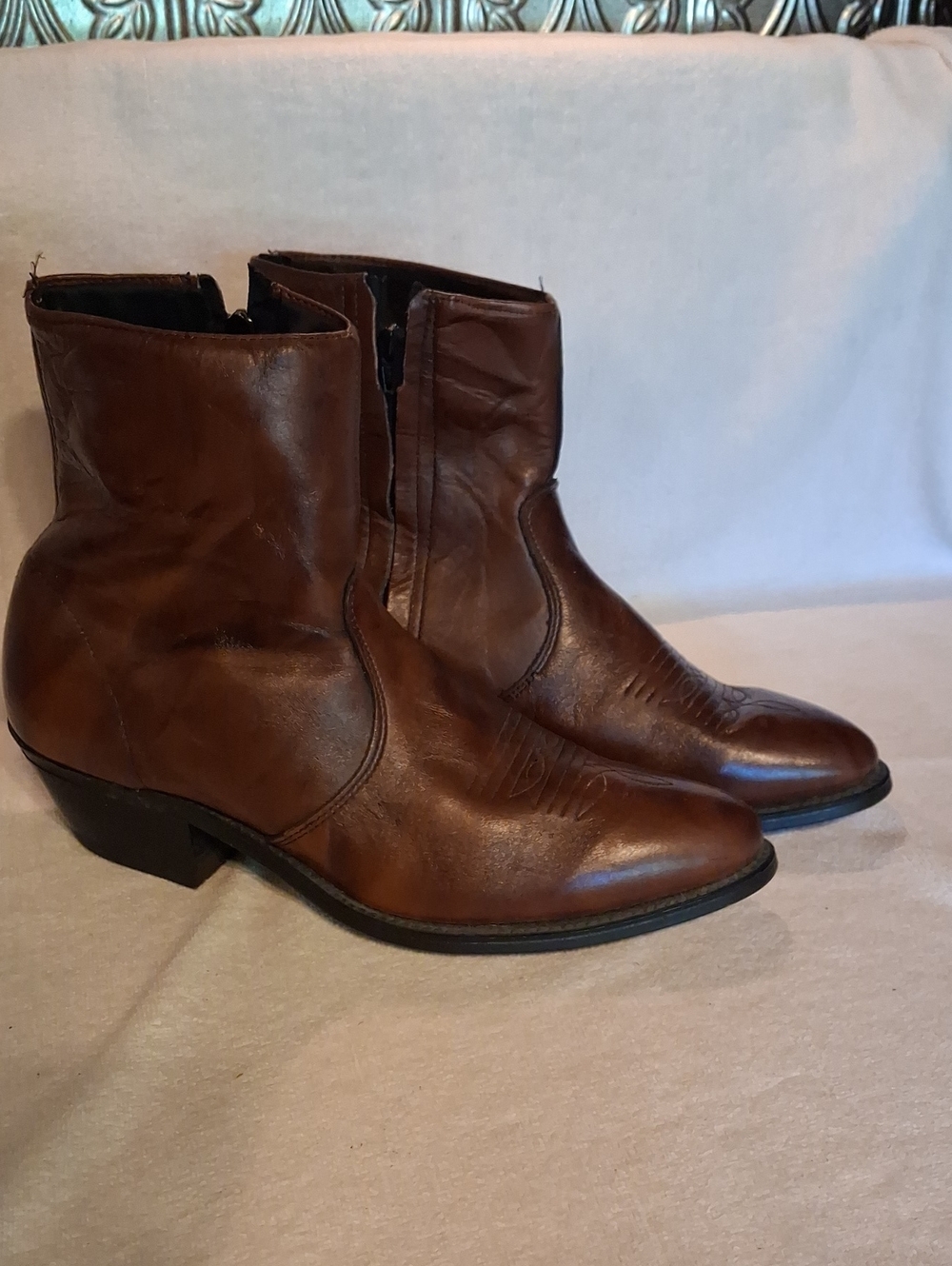 Laredo Brown Leather Western Fletcher Ankle Boots Side Zip